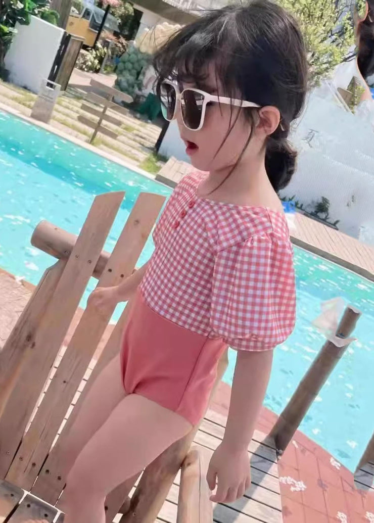 Cute Pink O-Neck Plaid Patchwork Kids One Piece Swimsui Short Sleeve