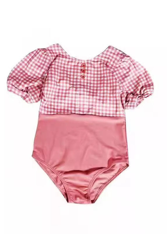 Cute Pink O-Neck Plaid Patchwork Kids One Piece Swimsui Short Sleeve