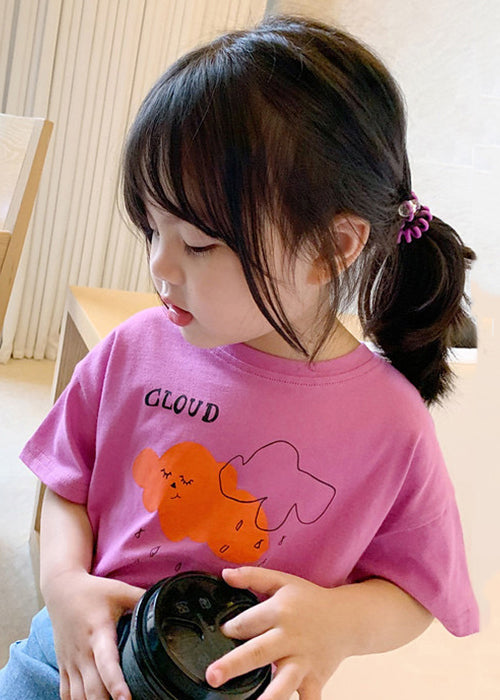 Cute Pink O Neck Print Cotton Girls T Shirt Summer