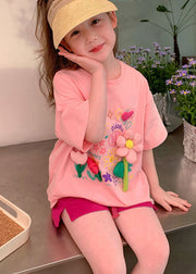 Cute Pink O Neck Print Cotton Girls Two Pieces Set Summer