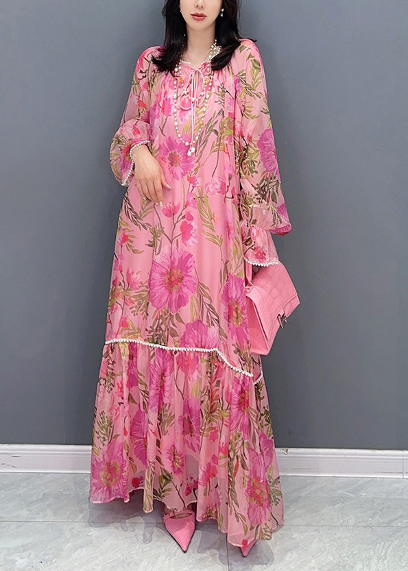 Cute Pink O-Neck Print Nail Bead Chiffon Maxi Dresses Long Sleeve