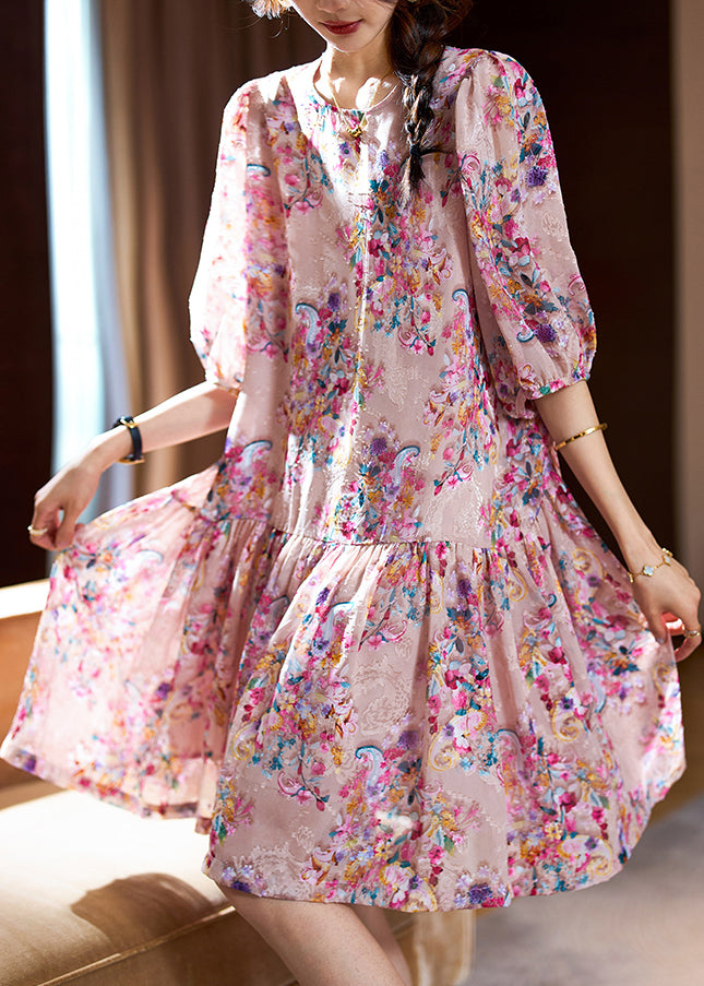 Cute Pink O-Neck Print Patchwork Mid Dresses Summer