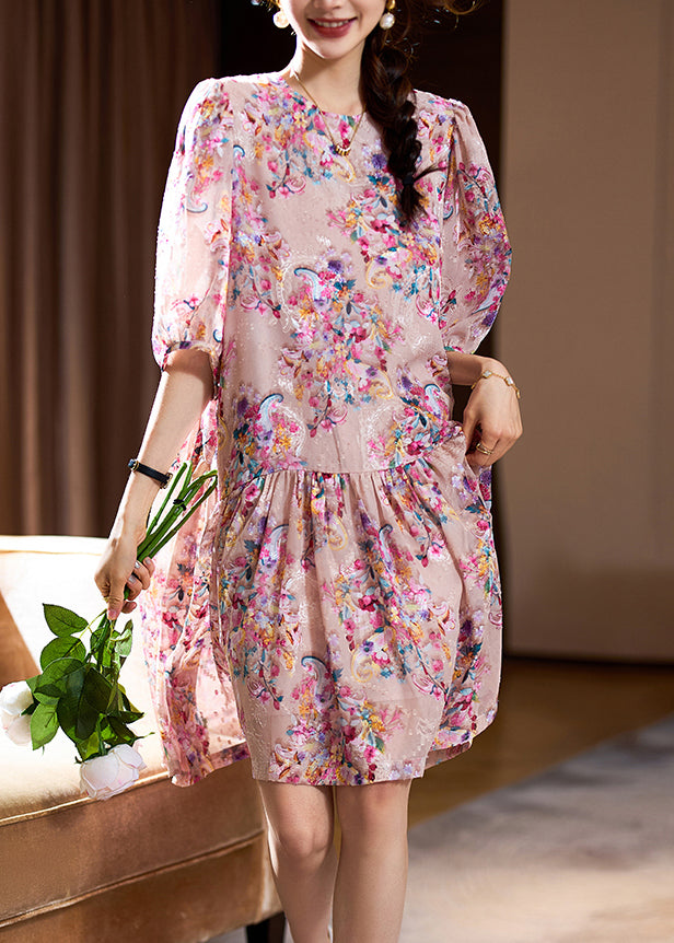 Cute Pink O-Neck Print Patchwork Mid Dresses Summer