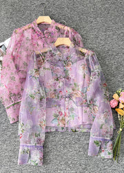 Cute Pink O-Neck Print Patchwork Organza Shirts Long Sleeve