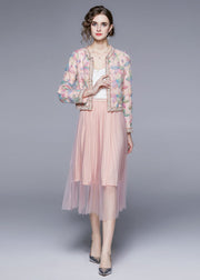 Cute Pink O-Neck Print Tulle Two Piece Suit Set Fall