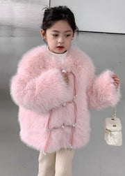 Cute Pink O-Neck Solid Mink Hair Girls Coat Long Sleeve