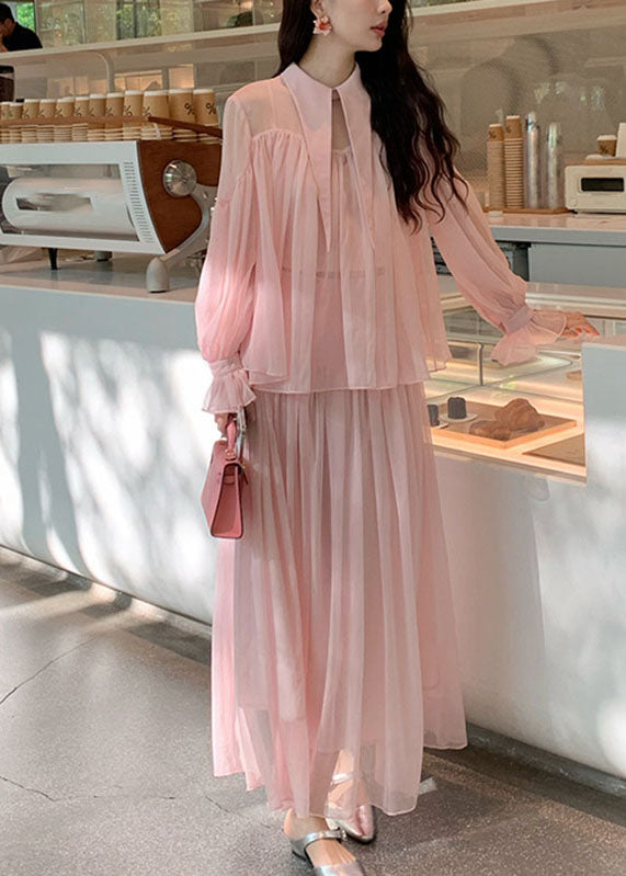 Cute Pink Patchwork Wrinkled Tulle Shirt And Maxi Skirts Two Piece Set Spring