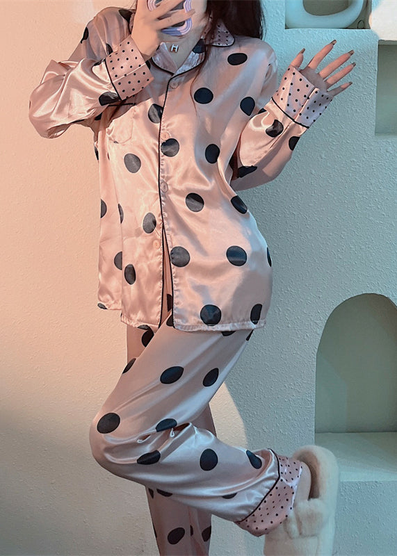 Cute Pink Peter Pan Collar Dot Print Button Ice Silk Pajamas Two Pieces Set Long Sleeve