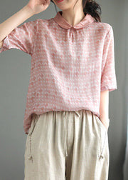 Cute Pink Peter Pan Collar Dot Print Linen Tops Summer