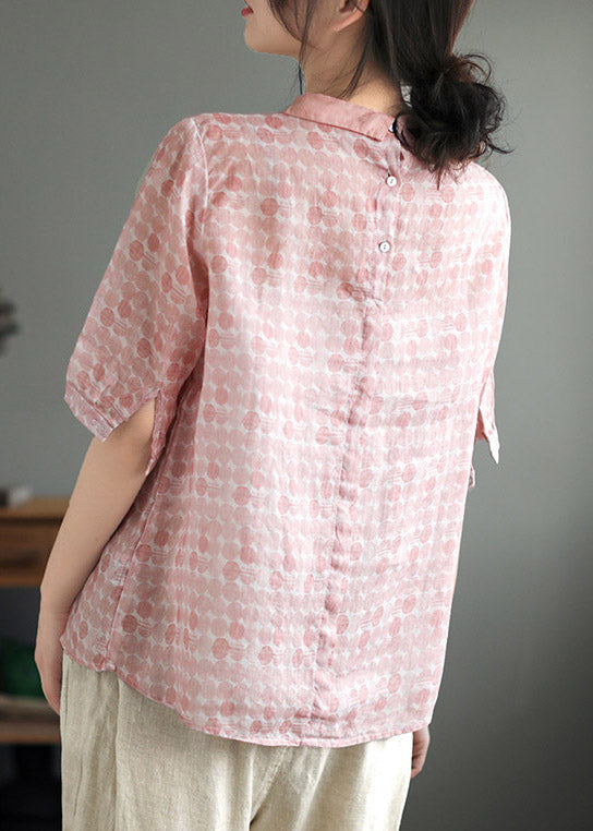 Cute Pink Peter Pan Collar Dot Print Linen Tops Summer