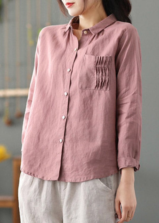 Cute Pink Peter Pan Collar Patchwork Solid Button Low High Design Linen Shirt Long Sleeve