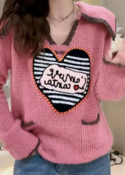 Cute Pink Peter Pan Collar Print Pockets Patchwork Knit Sweaters Fall