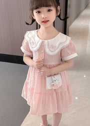 Cute Pink Peter Pan Collar Wrinkled Patchwork Cotton Baby Girls Dress Summer