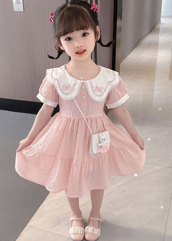 Cute Pink Peter Pan Collar Wrinkled Patchwork Cotton Baby Girls Dress Summer