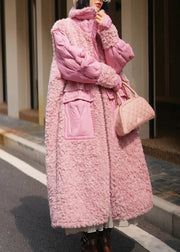 Cute Pink Pockets Teddy Patchwork Long Parka Winter