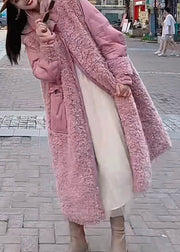 Cute Pink Pockets Teddy Patchwork Long Parka Winter