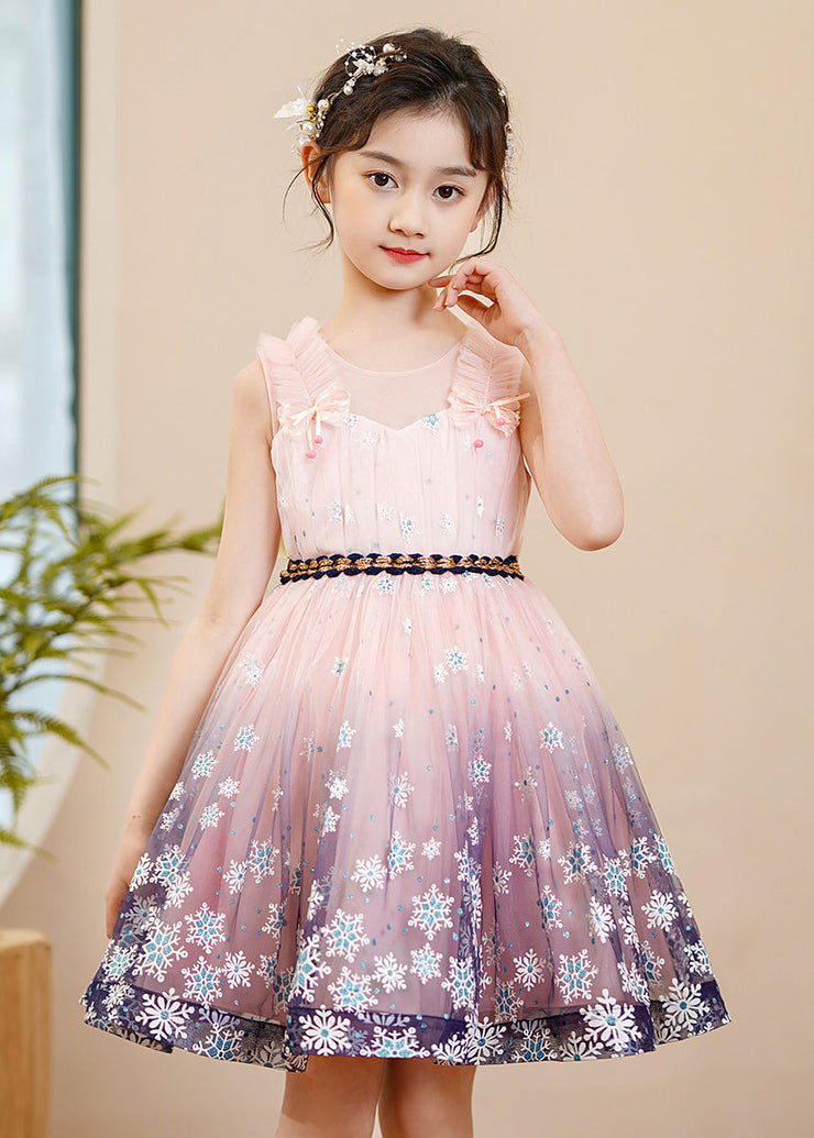 Cute Pink Print Gradient Color Exra Large Hem Tulle Kids Girls Robe Dresses Summer