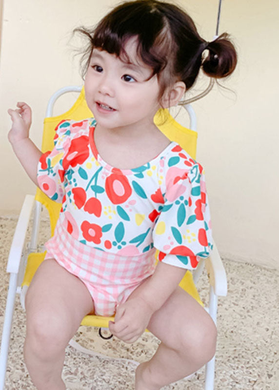 Cute Pink Print Plaid Patchwork Kids One Piece Swimsui Short Sleeve