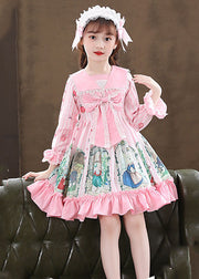 Cute Pink Print Ruffled Patchwork Bow Girls Mid Dresses Fall