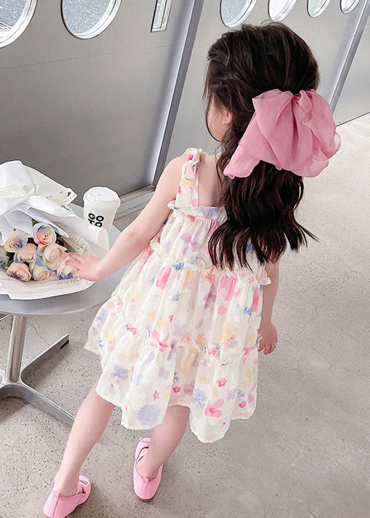 Cute Pink Print Ruffled Patchwork Chiffon Baby Girls Dresses Sleeveless