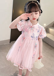 Cute Pink Print Wrinkled Patchwork Tulle Kids Girls Dresses Summer