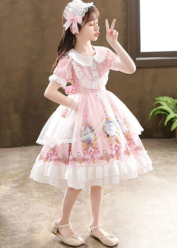 Cute Pink Ruffled Cartoon Print Patchwork Chiffon Kids Girls Princess Dress Summer