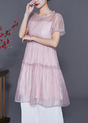 Cute Pink Ruffled Patchwork Silk A Line Dress Summer