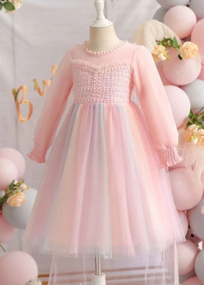 Cute Pink Ruffled Patchwork Tulle Baby Girls Dresses Fall