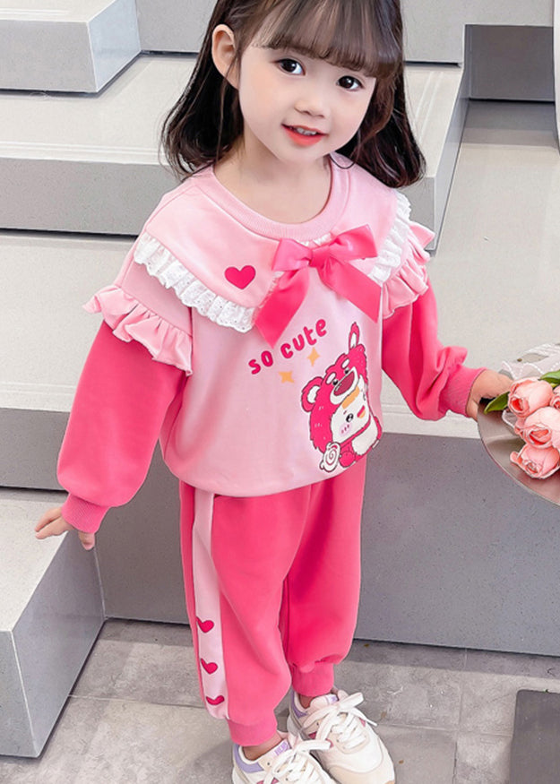 Cute Pink Ruffled Print Bow Cotton Baby Girls Two Pieces Set Fall