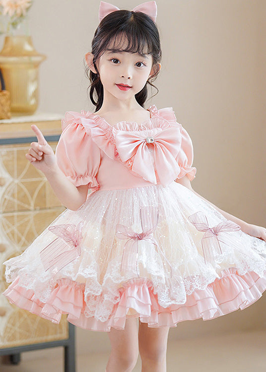 Cute Pink Square Collar Patchwork Bow Kids Mid Dresses Short Sleeve