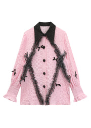 Cute Pink Square Collar Ruffled Print Tulle Shirts Long Sleeve