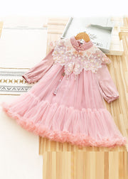 Cute Pink Stand Collar Sequins Patchwork Tulle Girls Shawl And Dress Two Pieces Set Long Sleeve