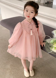 Cute Pink Stand Collar Tulle Kids Girls Dress Long Sleeve