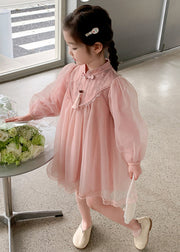Cute Pink Stand Collar Tulle Kids Girls Dress Long Sleeve