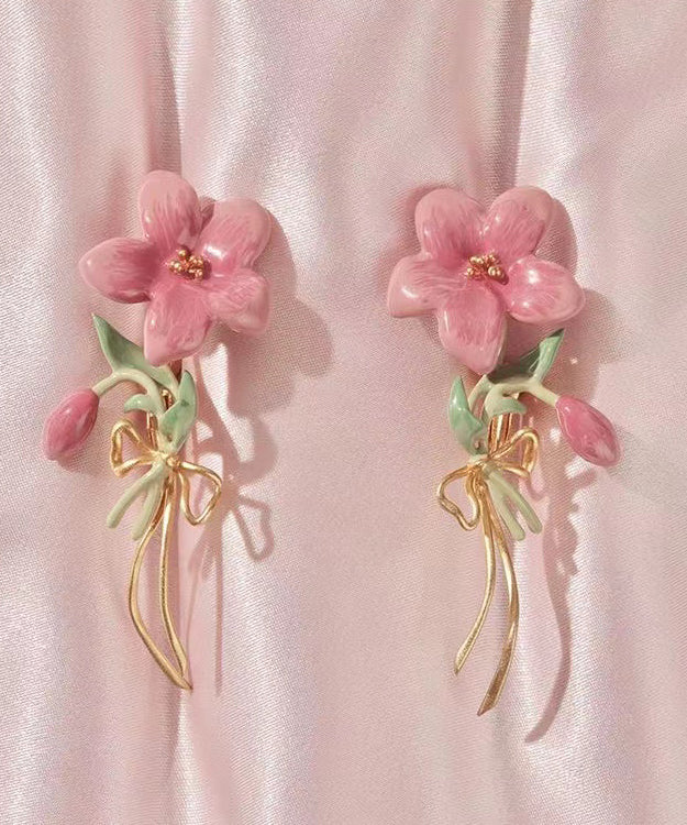 Cute Pink Sterling Silver Overgild Floral Drop Earrings