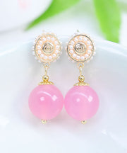 Cute Pink Sterling Silver Pearl Chalcedony Ball Drop Earrings