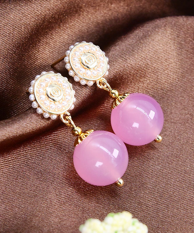 Cute Pink Sterling Silver Pearl Chalcedony Ball Drop Earrings