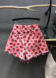 Cute Pink Strawberry Print Pockets Denim Shorts Summer