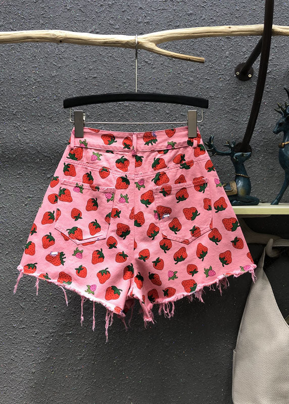 Cute Pink Strawberry Print Pockets Denim Shorts Summer