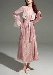 Cute Pink Tulle Patchwork Shirts And Maxi Skirts Two Piece Set Long Sleeve