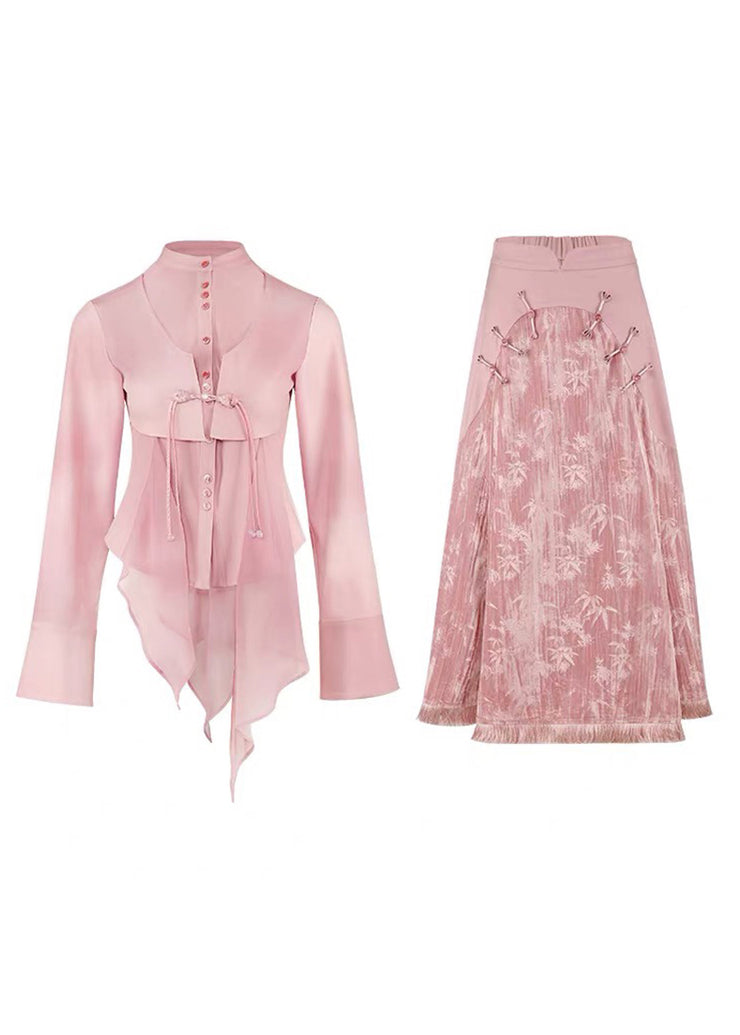 Cute Pink Tulle Patchwork Shirts And Maxi Skirts Two Piece Set Long Sleeve