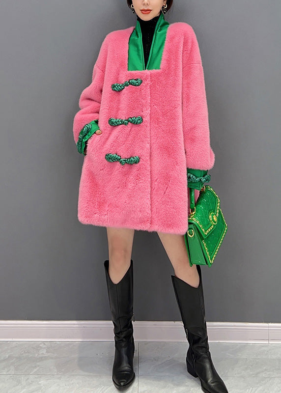 Cute Pink V Neck Button Warm Thick Faux Fur Coats Winter