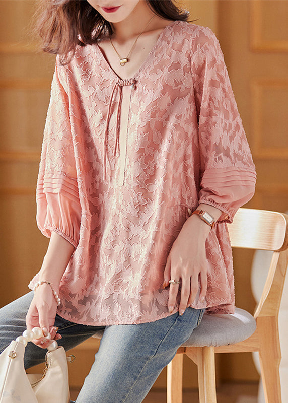 Cute Pink V Neck Chiffon Tops Bracelet Sleeve