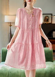 Cute Pink V Neck Lace Patchwork Chiffon Long Dresses Short Sleeve