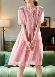 Cute Pink V Neck Lace Patchwork Chiffon Long Dresses Short Sleeve