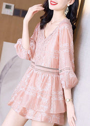 Cute Pink V Neck Lace Patchwork Chiffon Shirts And Shorts Two Piece Set Summer