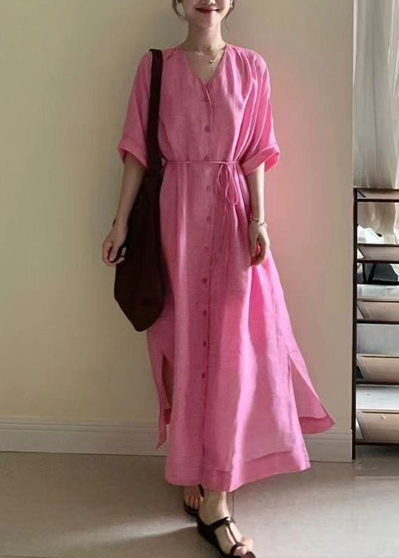 Cute Pink V Neck Side Open Tie Waist Maxi Dresses Long Sleeve