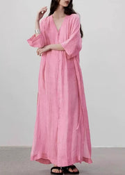 Cute Pink V Neck Side Open Tie Waist Maxi Dresses Long Sleeve