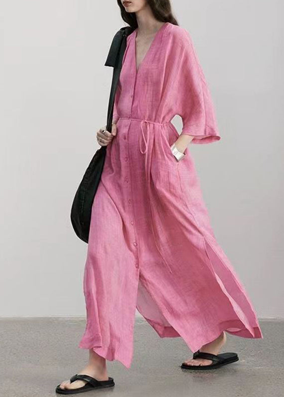 Cute Pink V Neck Side Open Tie Waist Maxi Dresses Long Sleeve