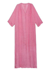 Cute Pink V Neck Side Open Tie Waist Maxi Dresses Long Sleeve